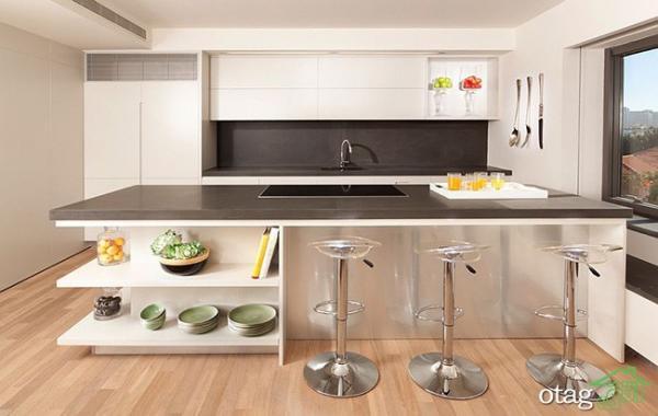 جدیدترین مدل های دکوراسیون آشپزخانه جزیره ای با قفسه های باز