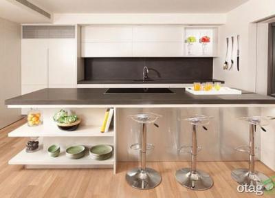 جدیدترین مدل های دکوراسیون آشپزخانه جزیره ای با قفسه های باز